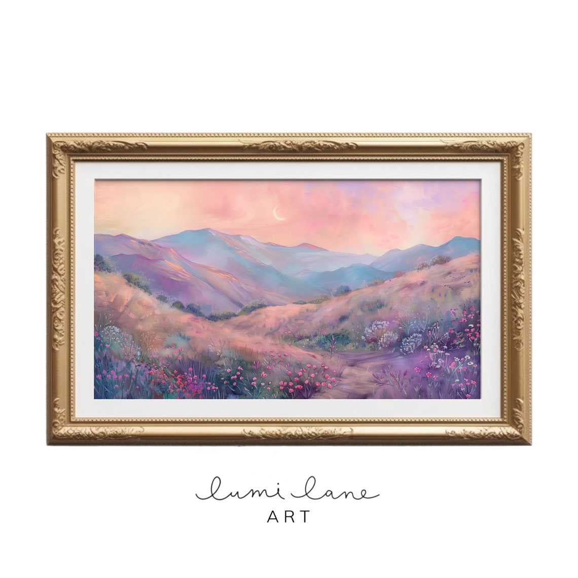 Wildflowers Under The Moon Art Instant Original Textured Painting Frame Tv Square Pastel Mountains Beautiful Landscape