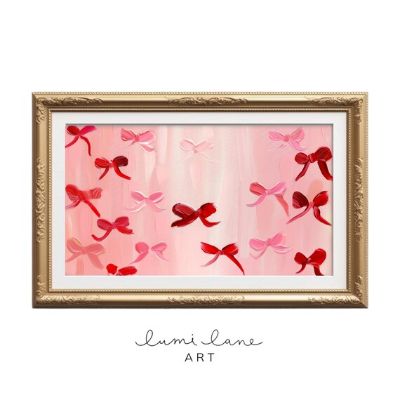 Red And Pink Textured Bows Ombre Ribbon Bow Oil Painting Valentines Day Galentines Frame Tv Art Print Pretty
