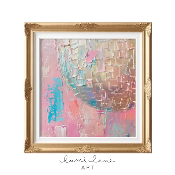 Disco Ball Shine Art Fun Wall Pastel Colours Square Mirror Party Textured Oil Painting Instant Print