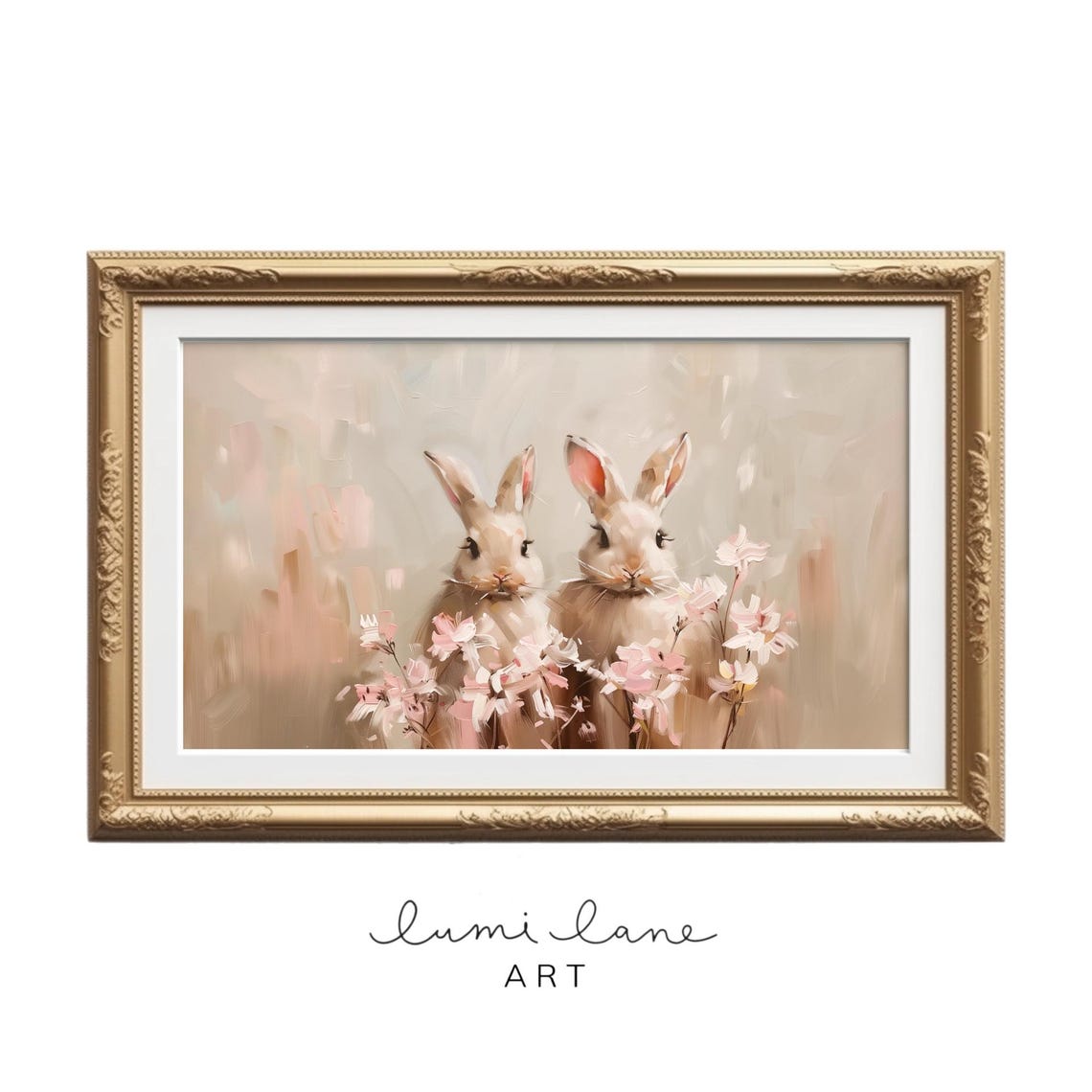 Bunny Duo Art Pretty Pink Oil Painting Texture Easter In Spring Flowers Cute Rabbit Print Frame Tv Neutral
