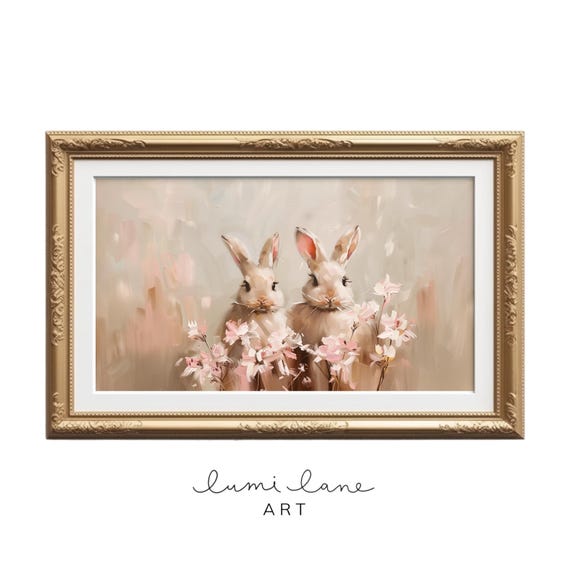 Bunny Duo Art Pretty Pink Oil Painting Texture Easter In Spring Flowers Cute Rabbit Print Frame Tv Neutral