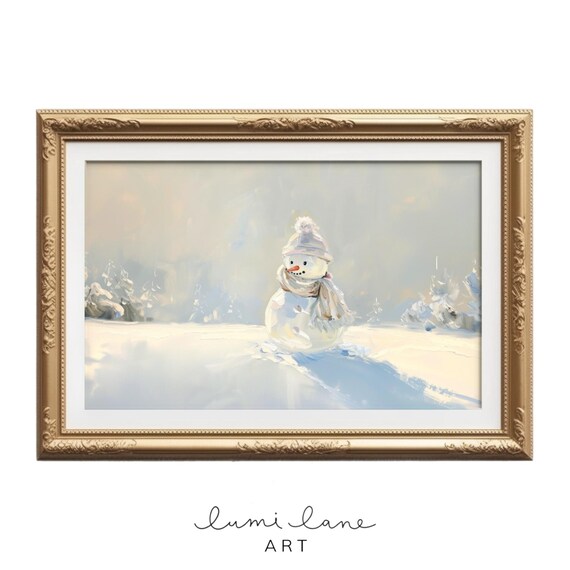 Cheerful Snowman in Soft Snowy Winter Landscape Christmas Poster