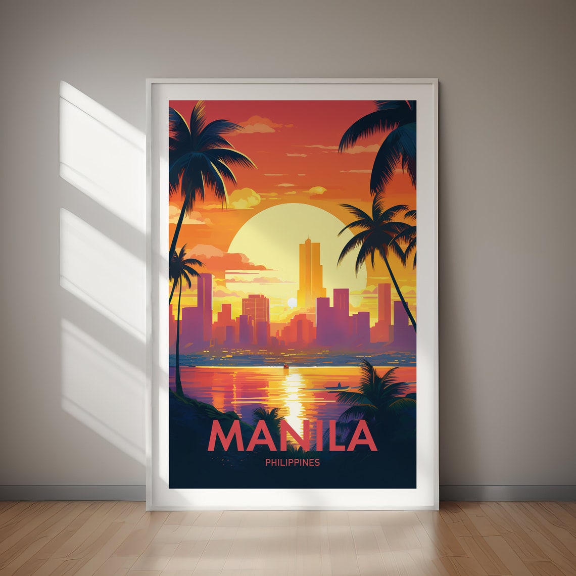 Manila Philippines Sunset Palm Skyline Vintage Travel Poster Art