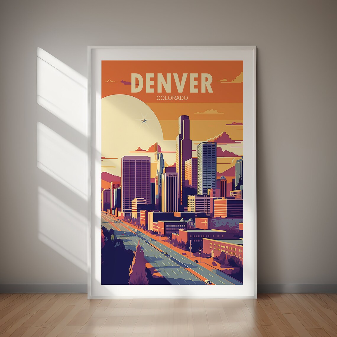 Denver Colorado Skyline Sunset Road Art Deco Style Travel Poster