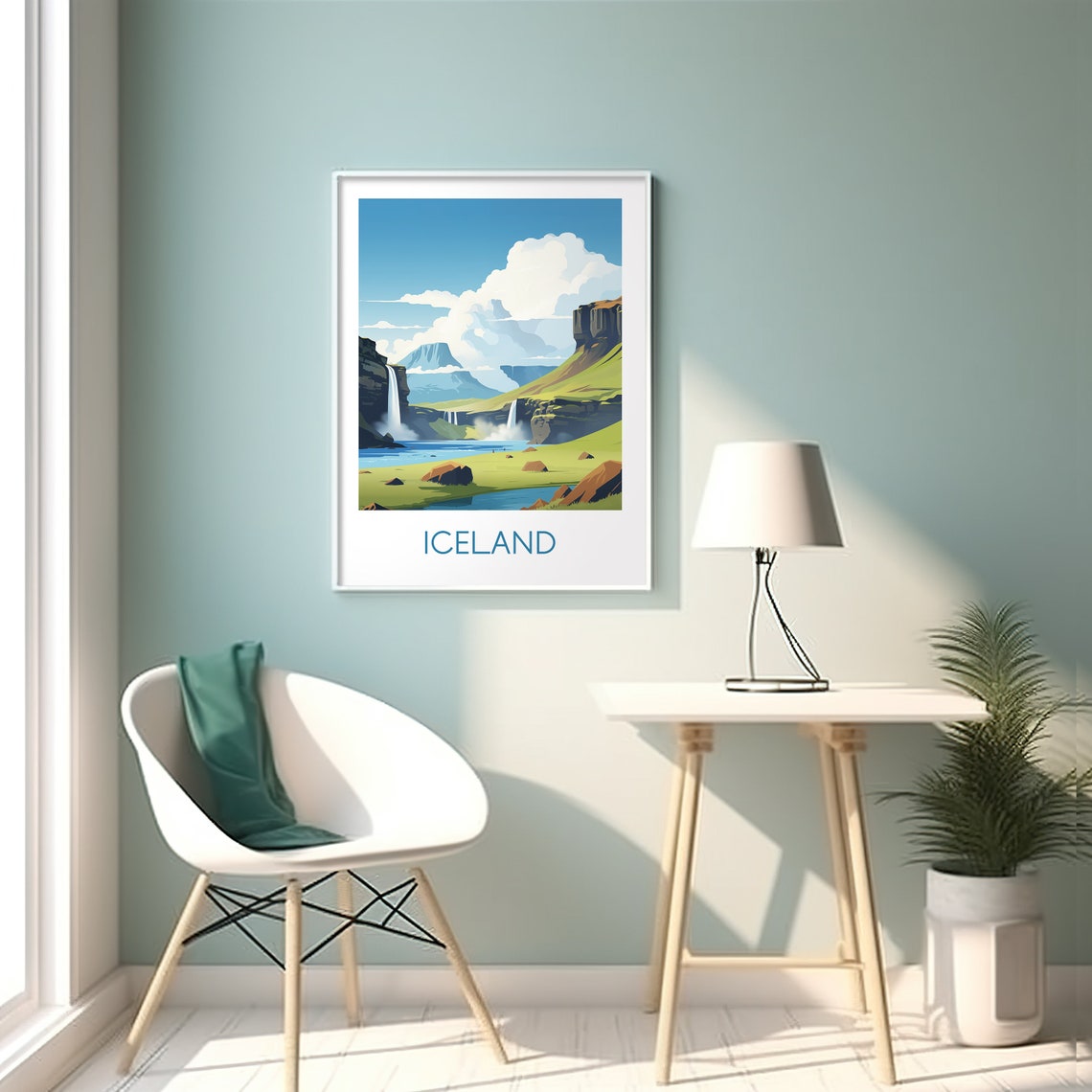 Iceland Waterfall Canyon Green Valley Retro Style Travel Poster