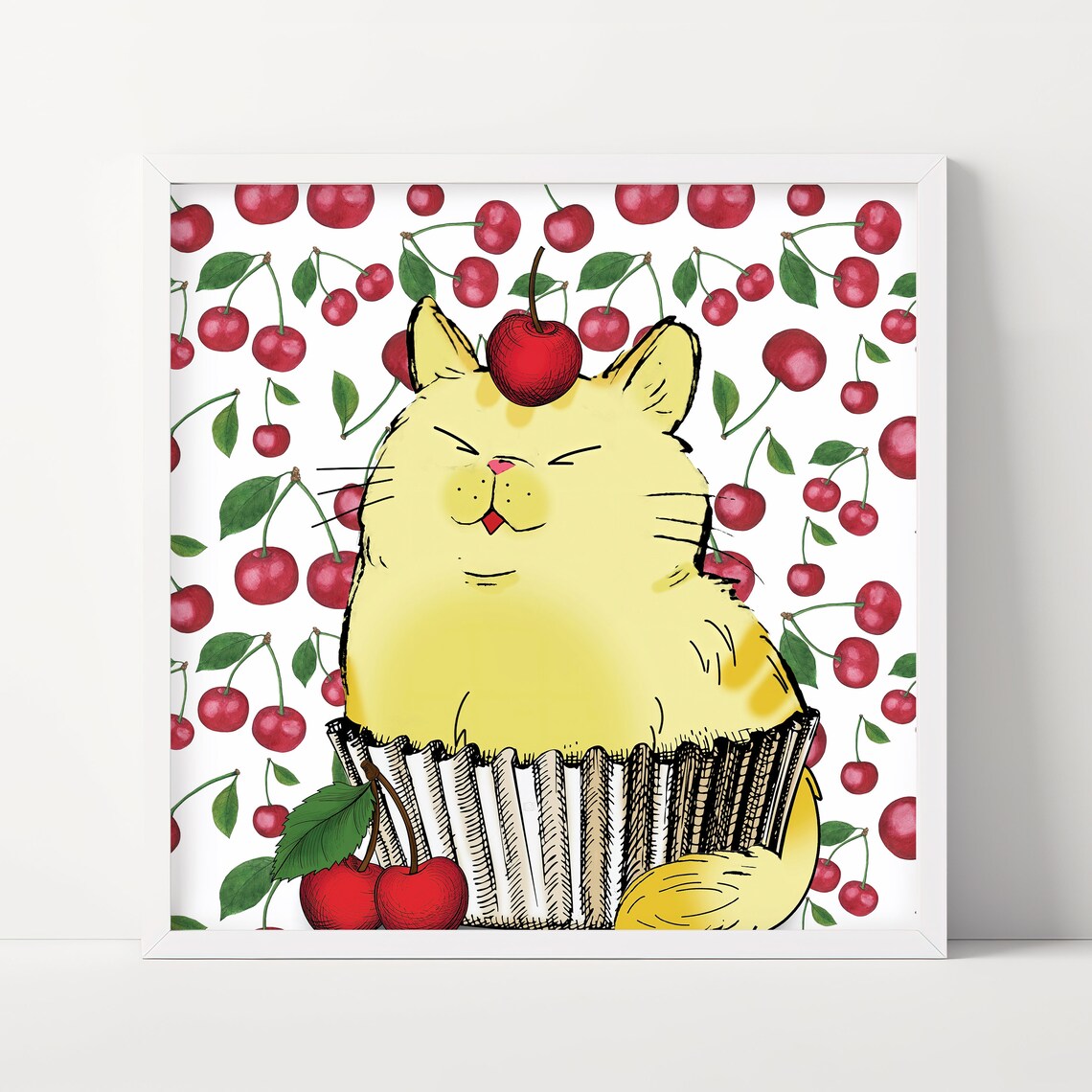 Cute Yellow Cat in Cupcake Cherry Sweet Funny Animal Art Poster