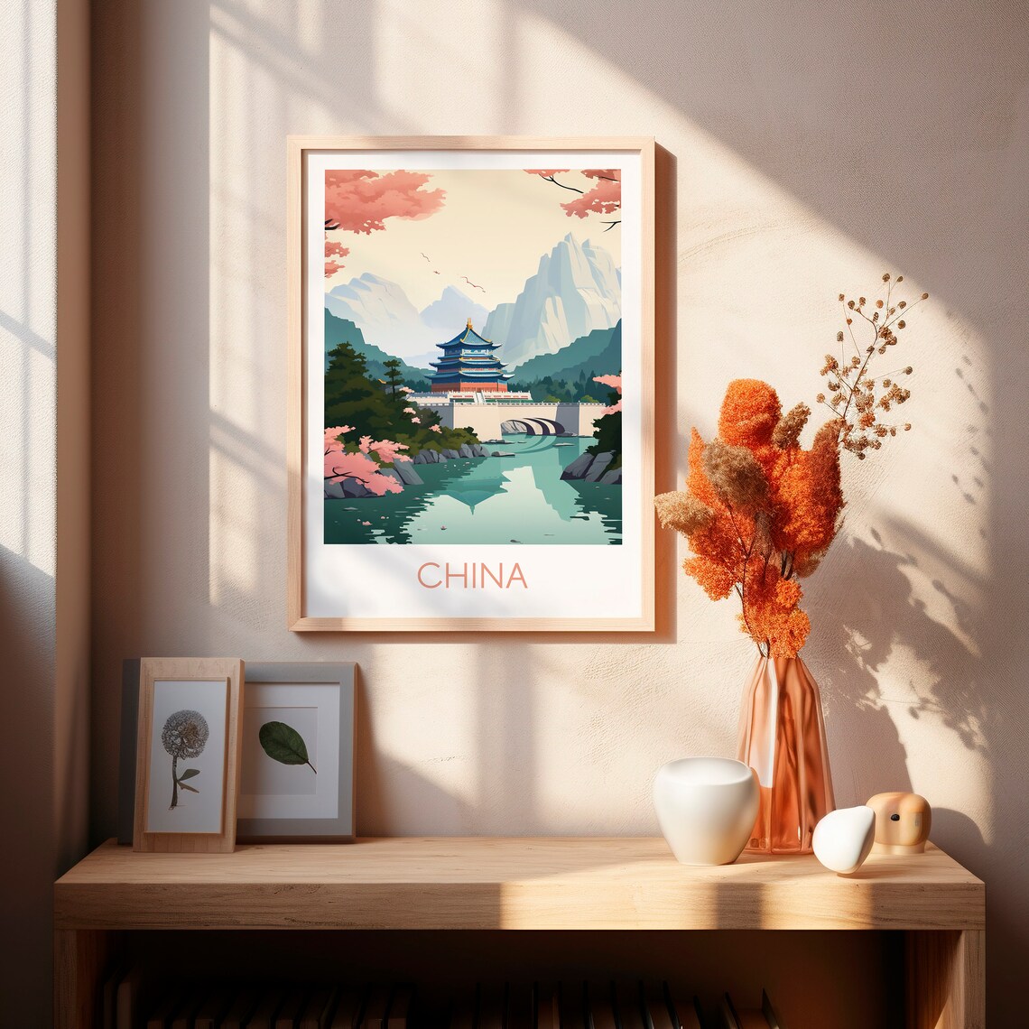 China Pagoda Lake Spring Blossom Mountains Vintage Travel Poster - Image 2