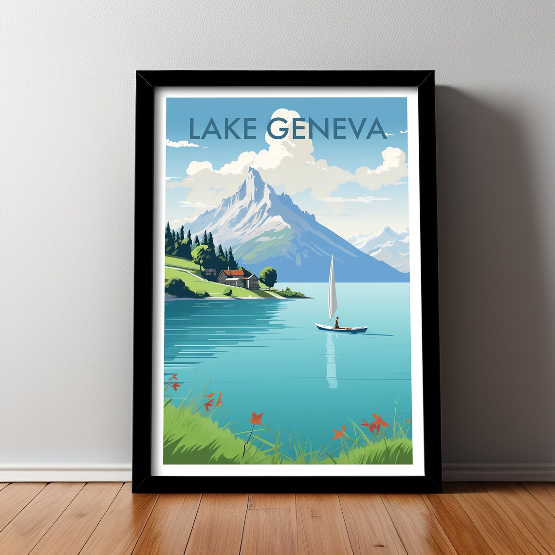 Lake Geneva Switzerland Sailboat Alpine Mountain Travel Poster - Image 2