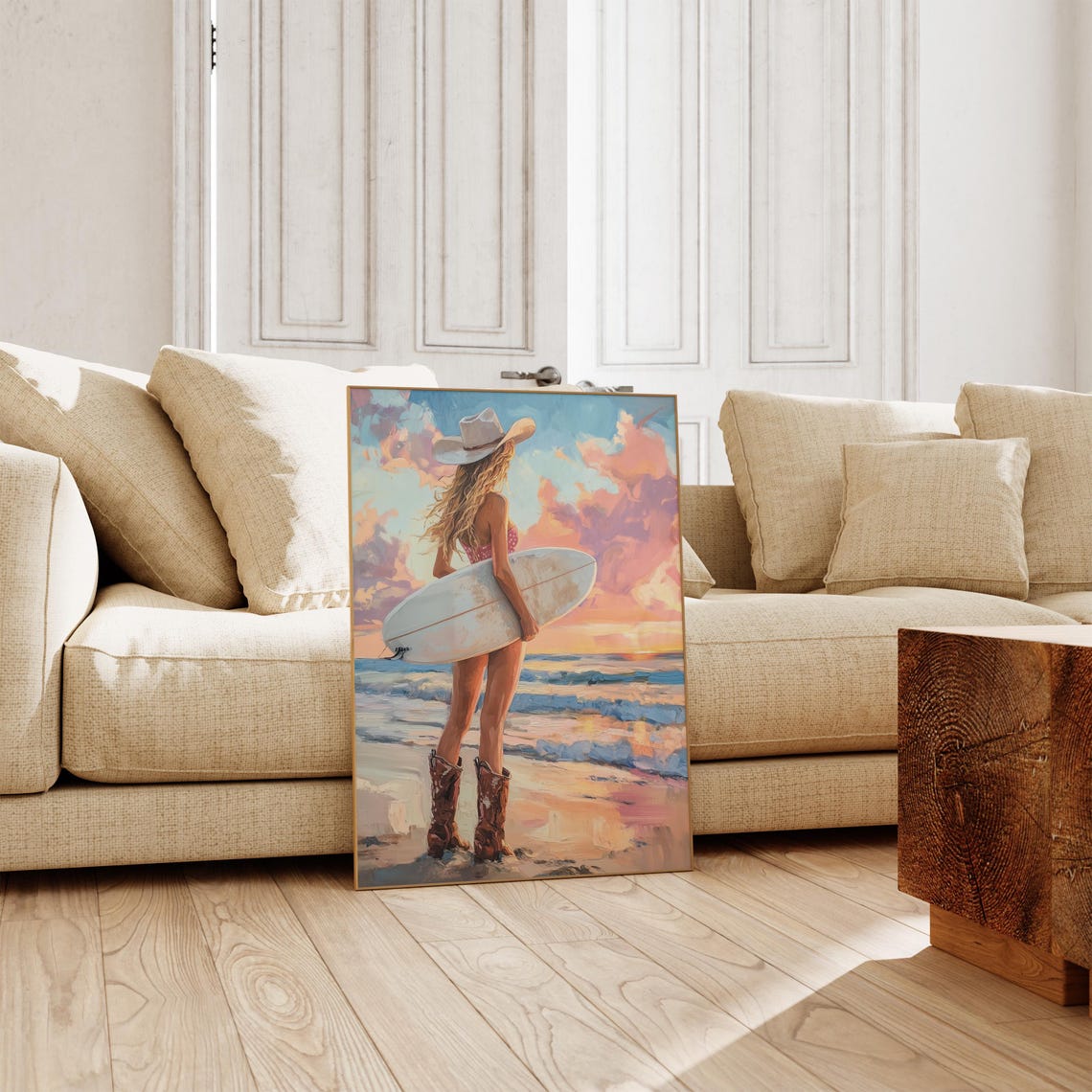 Surfer Cowgirl Golden Hour Beach Poster Painterly Ocean Sunset Decor - Image 3