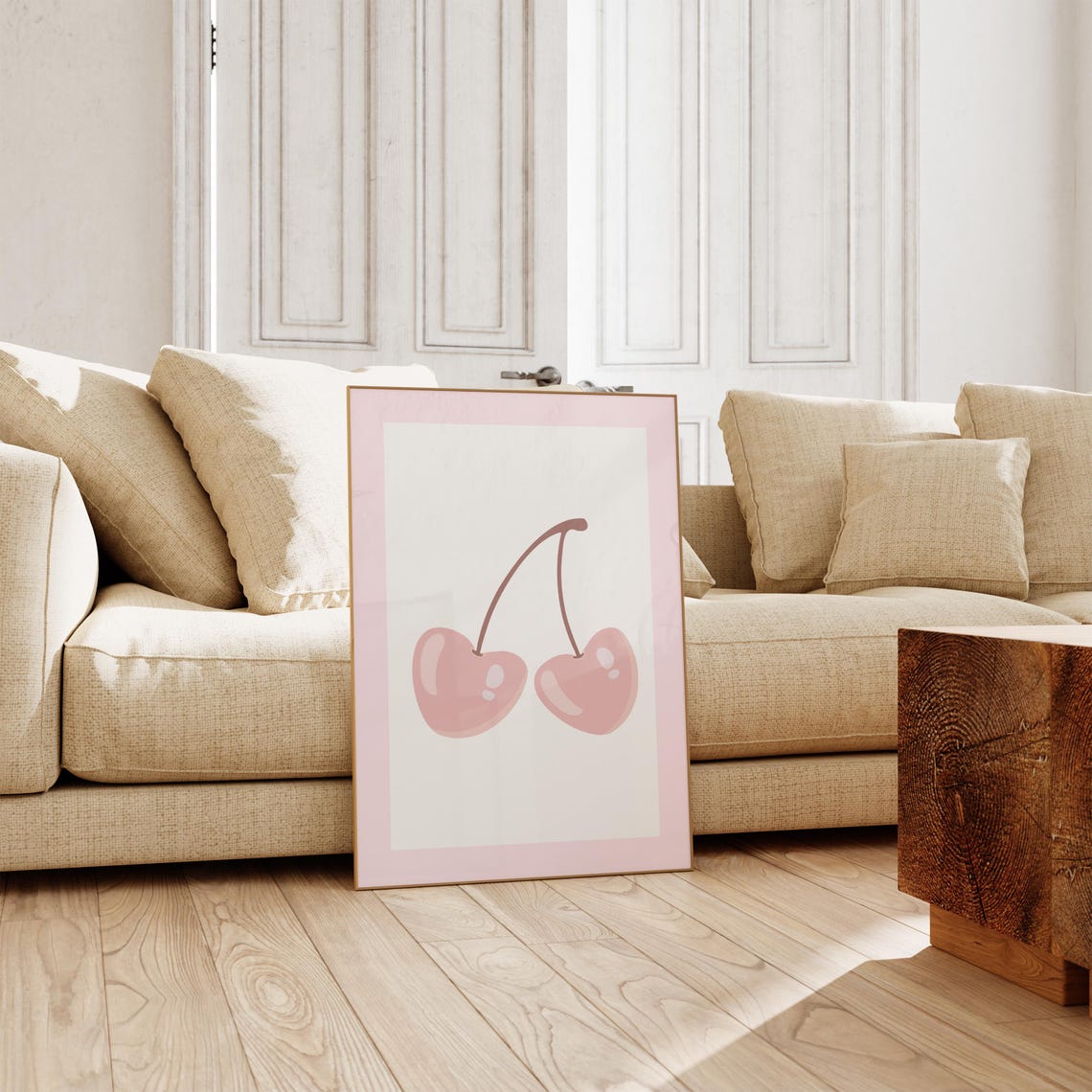 Blush Pink Minimal Cherries Soft Pastel Cute Wall Decor Poster - Image 2