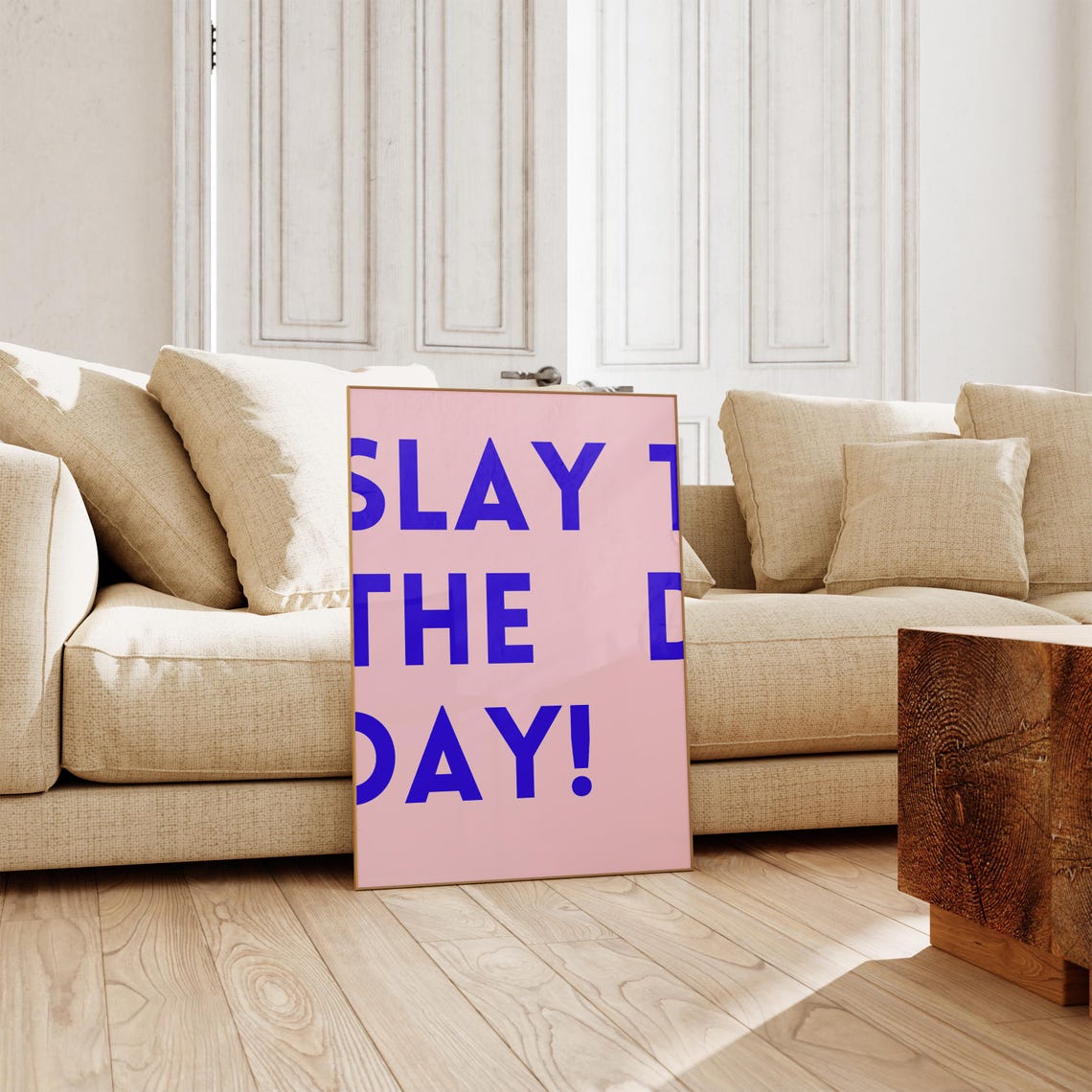 Slay the Day Bold Blue on Pink Motivational Quote Wall Poster - Image 2