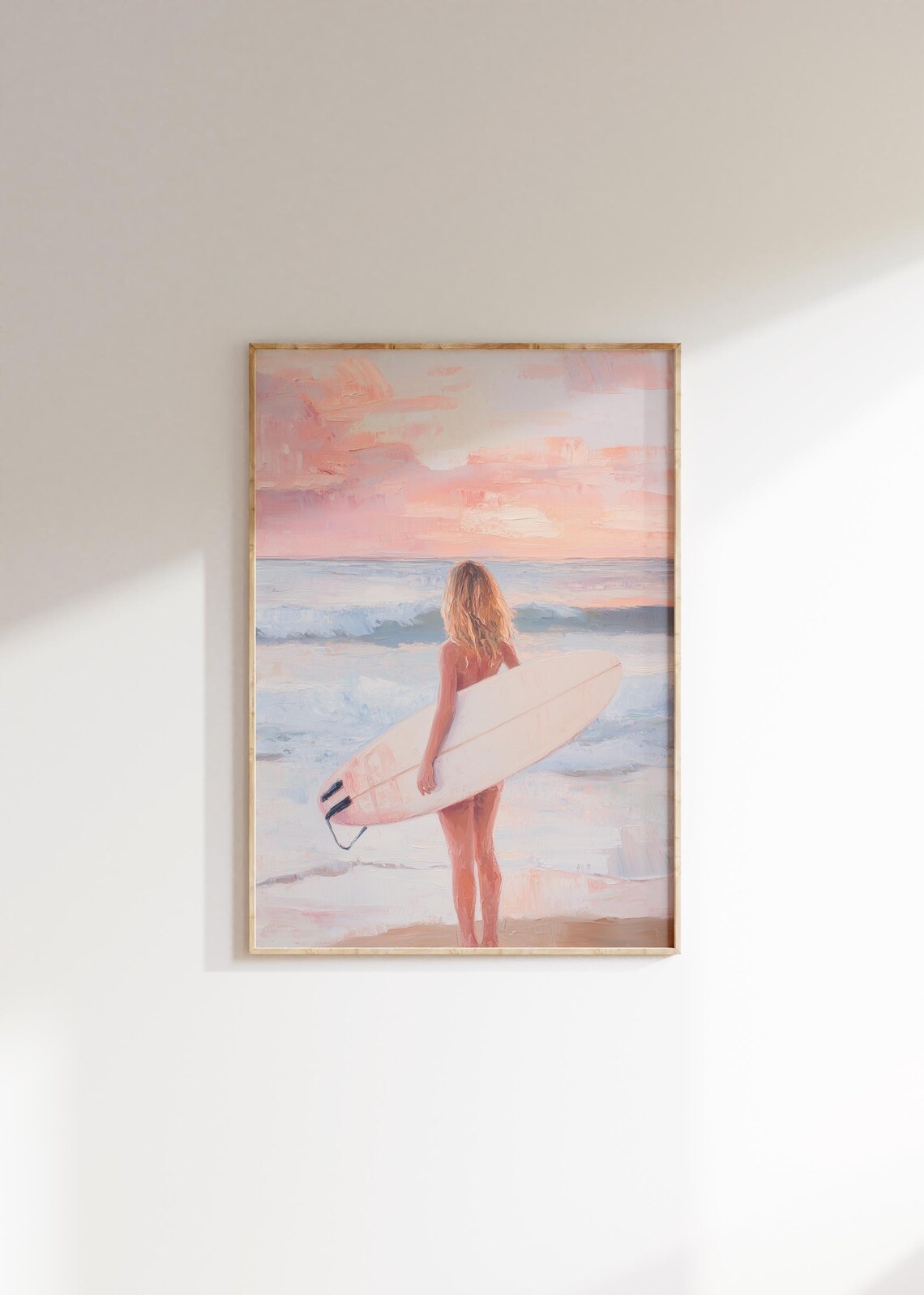 Surfer Girl Pink Surfboard Pale Sunrise Beach Watercolor Poster - Image 4
