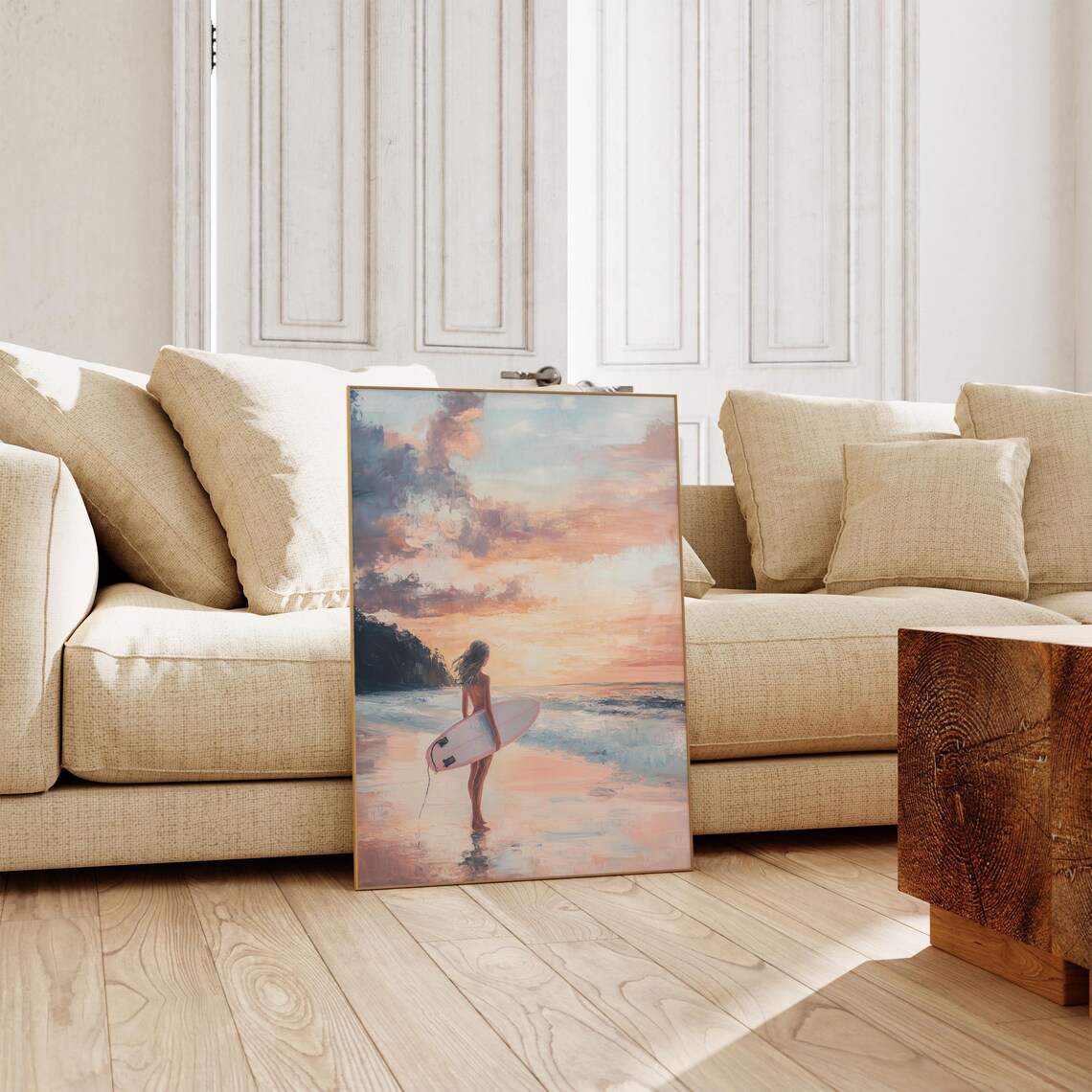Surfer Girl Sunset Watercolor Painting Pink Sky Beach Poster - Image 3