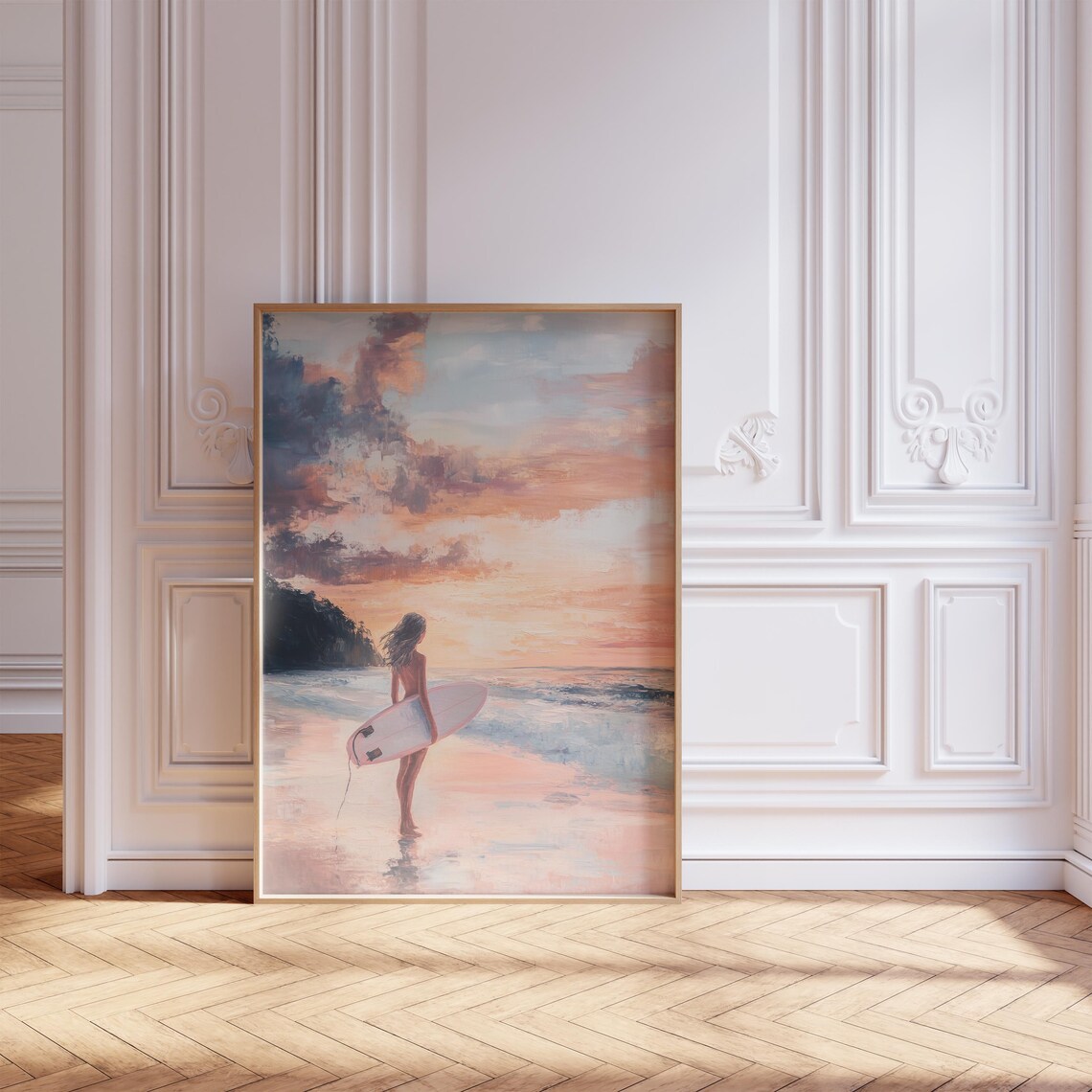 Surfer Girl Sunset Watercolor Painting Pink Sky Beach Poster