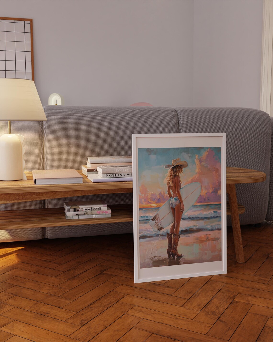 Coastal Cowgirl Surfer Hat Boots Sunset Surf Painting Poster - Image 5