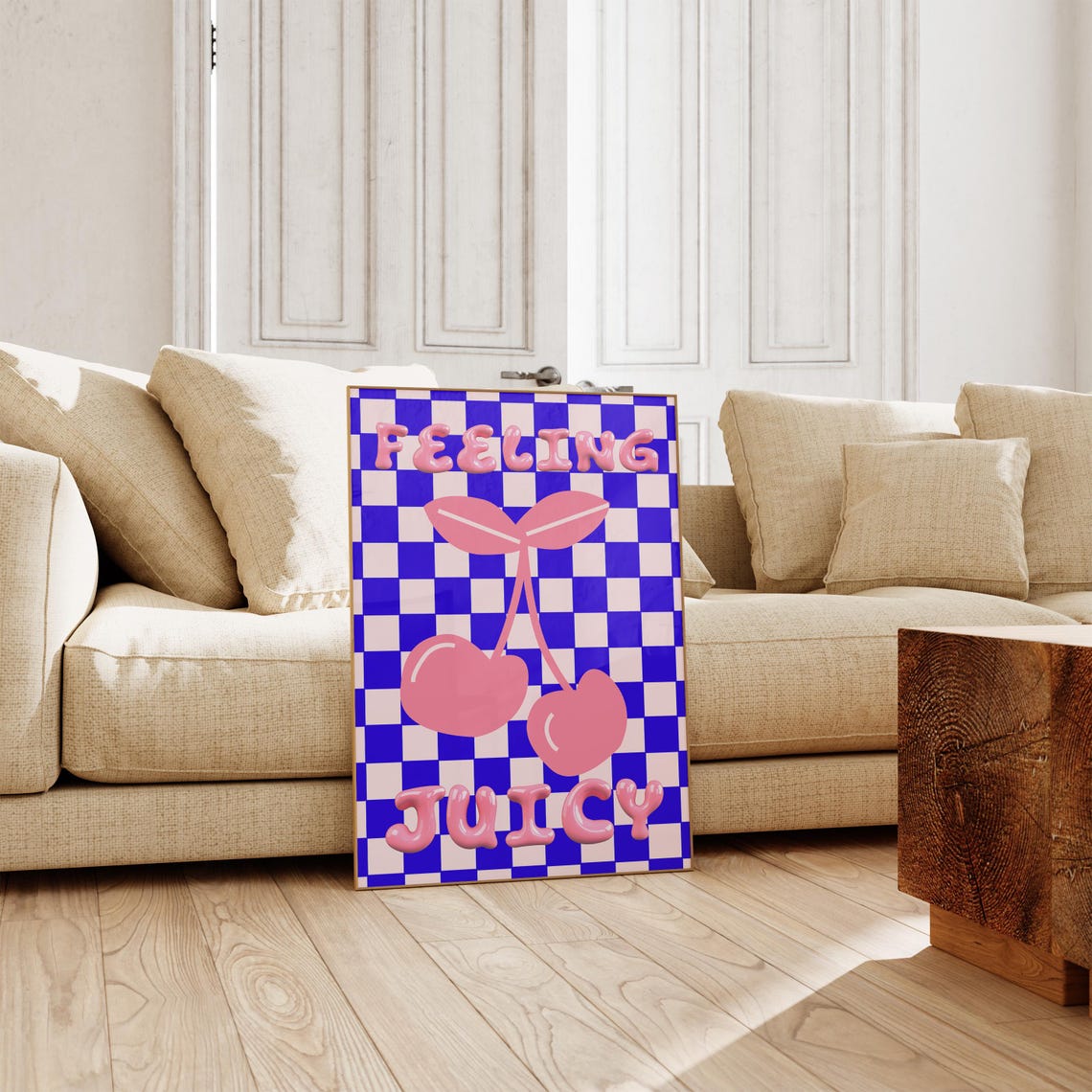 Feeling Juicy Cherry Bubble Letters Blue Checkerboard Retro Poster - Image 2