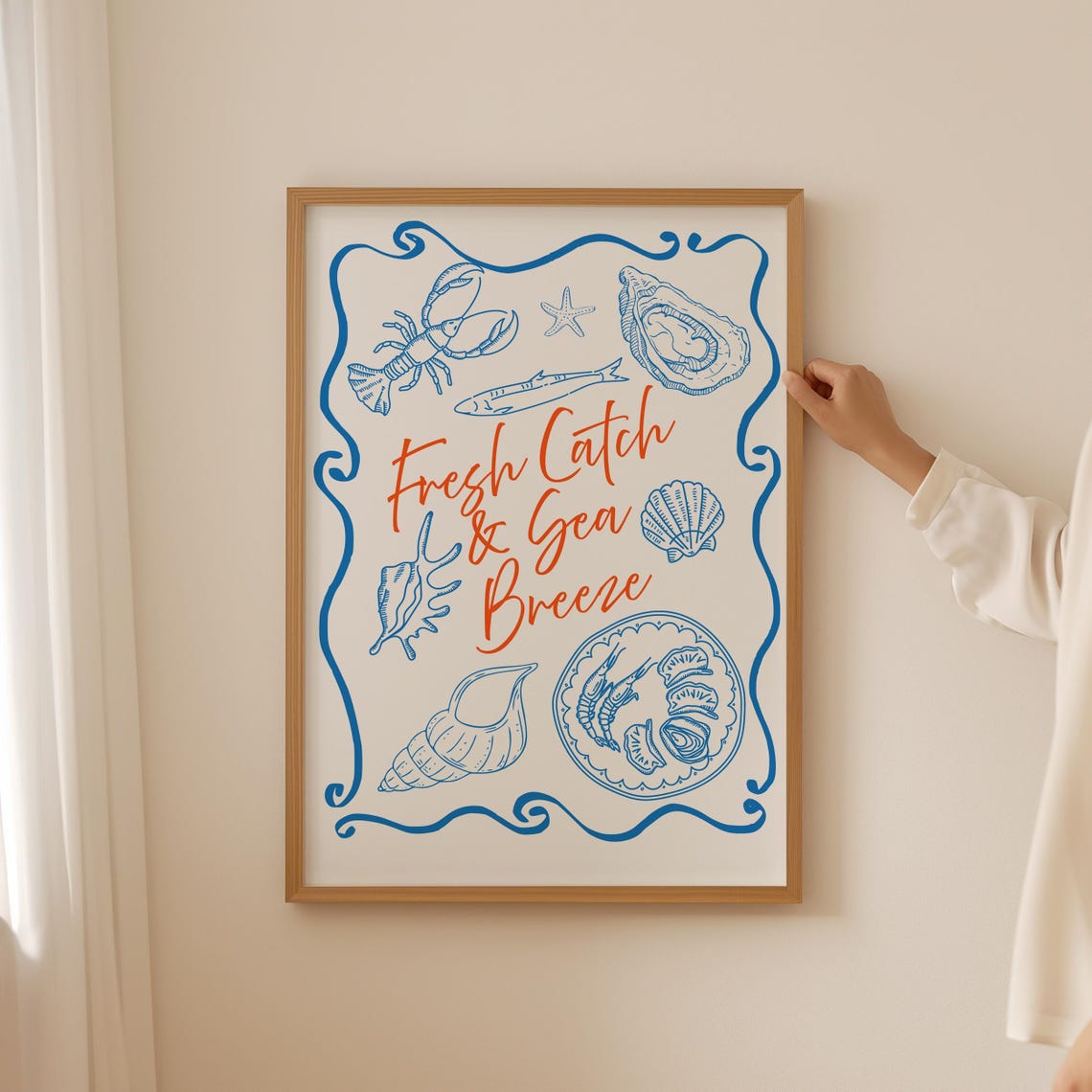 Fresh Catch Sea Breeze Lobster Shell Blue Seafood Line Art Poster