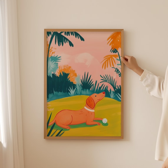 Tropical Palm Dachshund Golfer Dog with Golf Ball on Green Poster