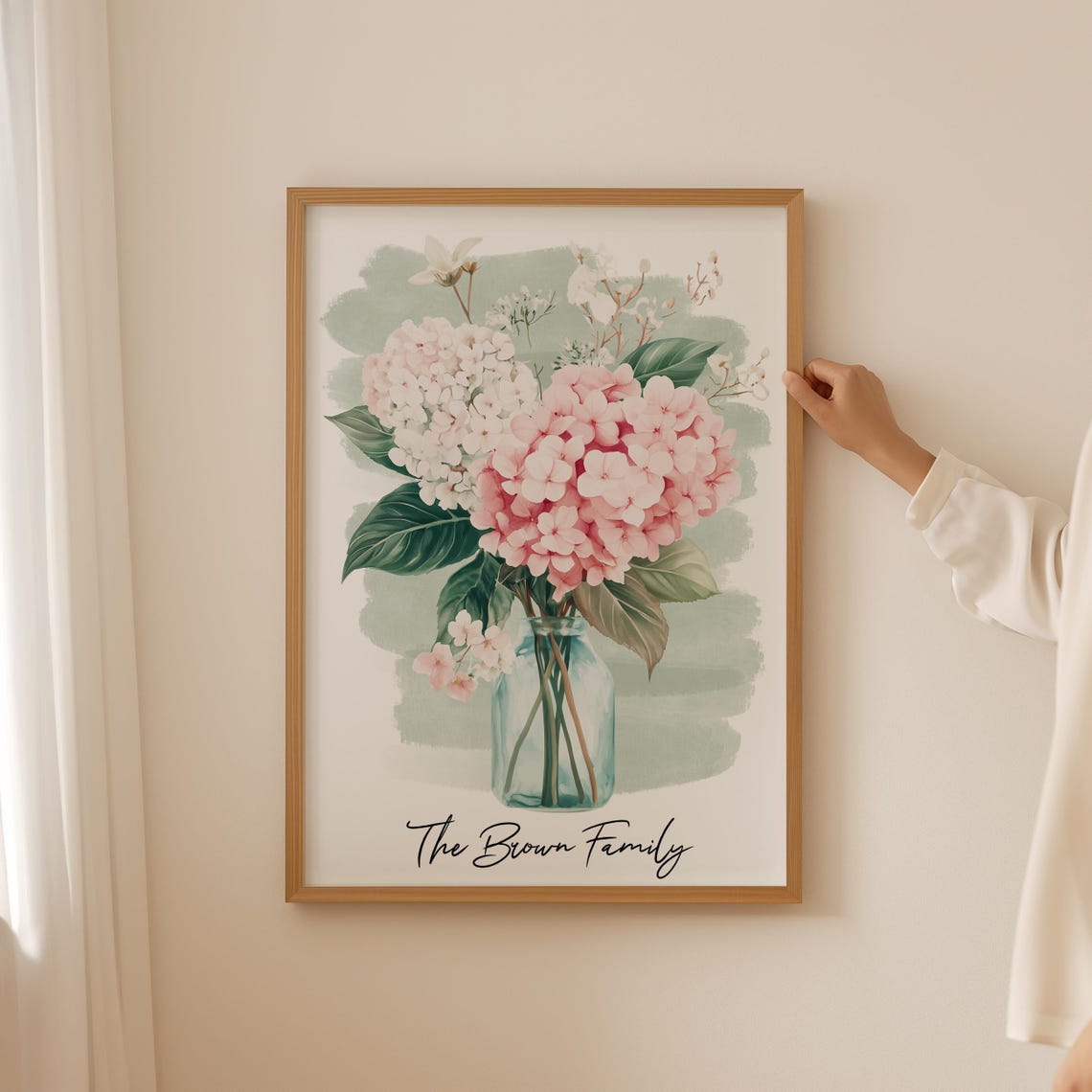 Pink Hydrangea Bouquet In Glass Vase Personalized Family Gift Poster