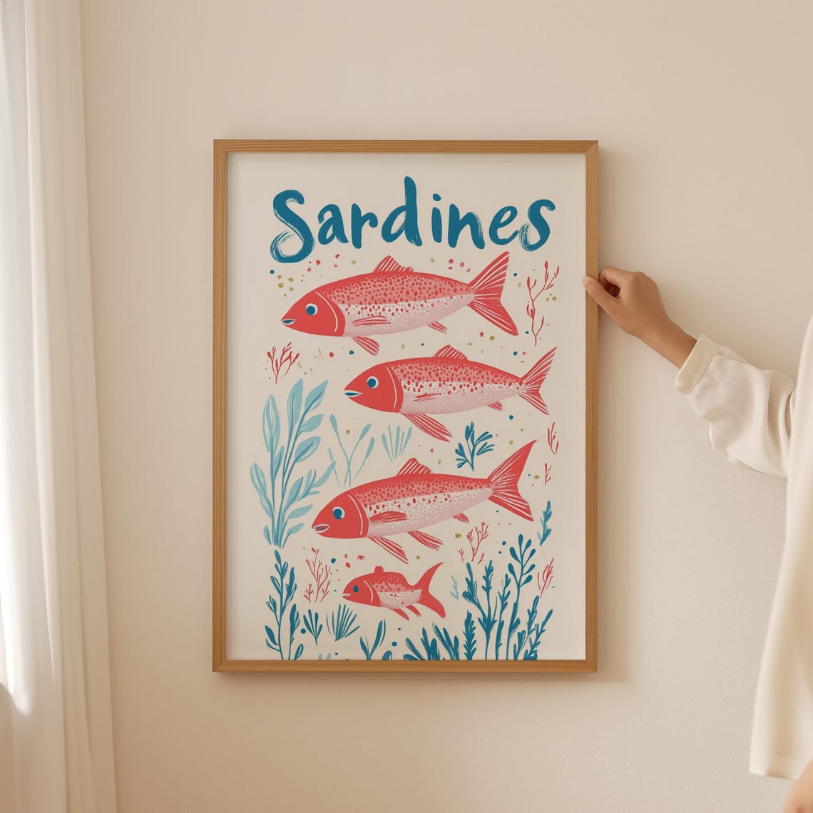 Red Sardines School Teal Typography Coastal Fish Kitchen Wall Poster