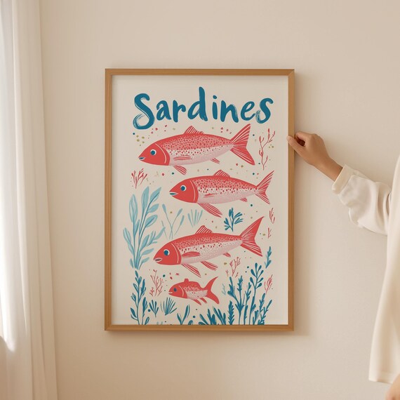 Sardine Poster Funky Fish Wall Art Dopamine Decor Oyster Fisherman Print Trendy Bathroom Prints Quote