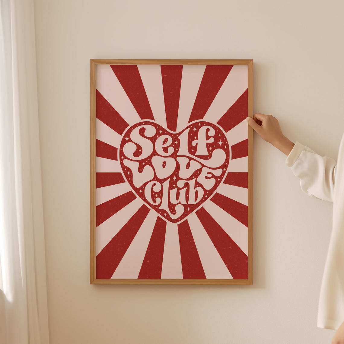 Self Love Club Groovy Heart Retro Red Sunburst Rays Quote Poster