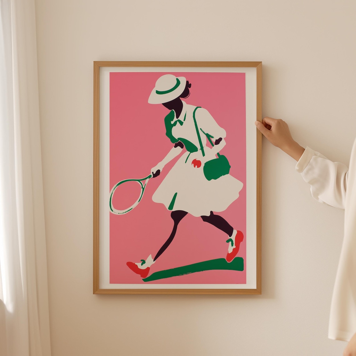 Pink Tennis Lady Running White Dress Green Bag Sports Poster