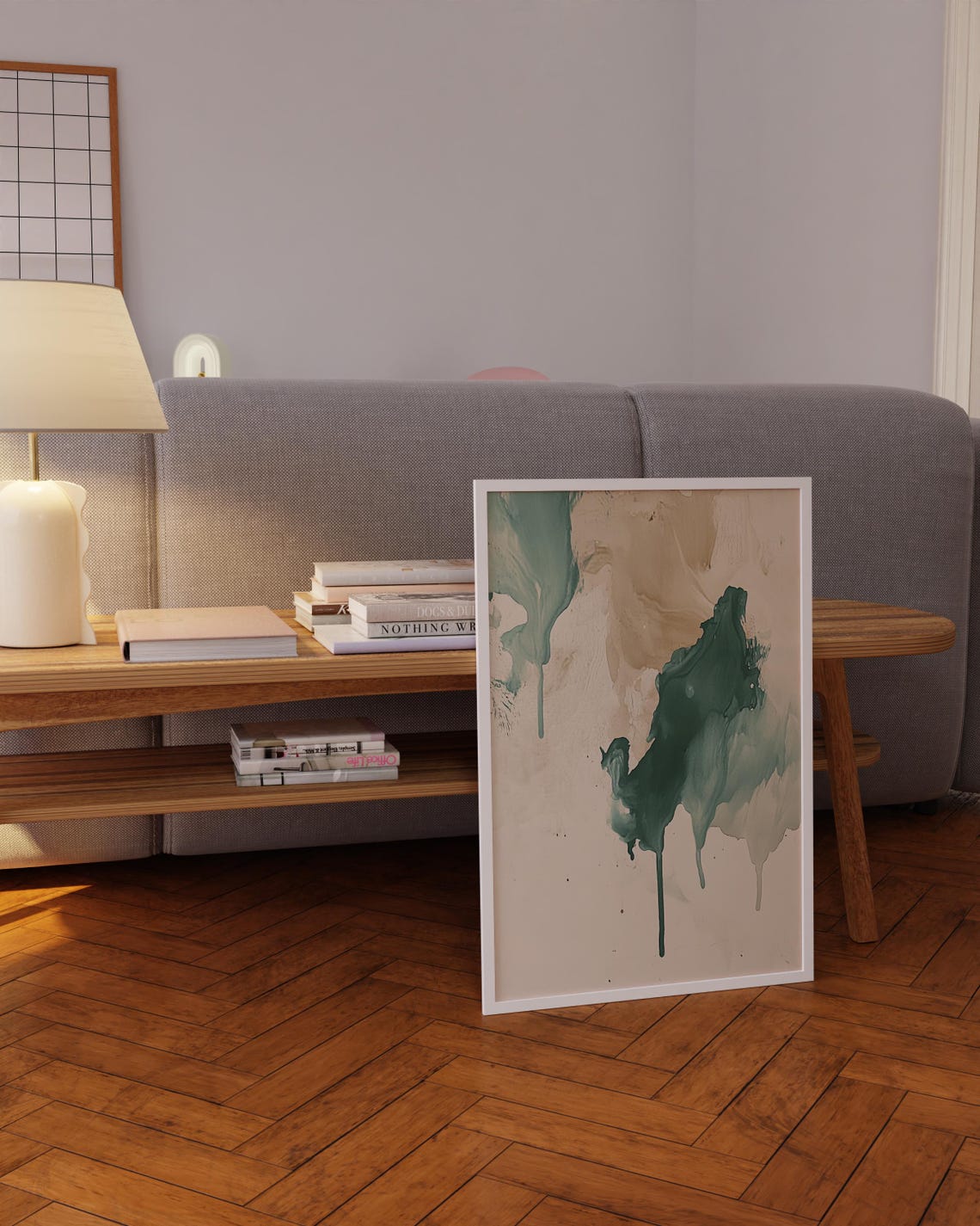 Emerald Green Ink Wash Drip Abstract Beige Modern Japandi Wall Poster - Image 4