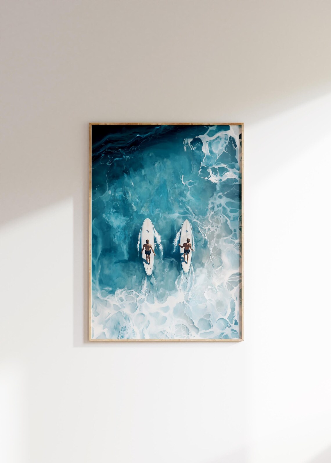 Aerial Surfers Turquoise Ocean Two Surfboards Minimal Sea Poster - Image 4