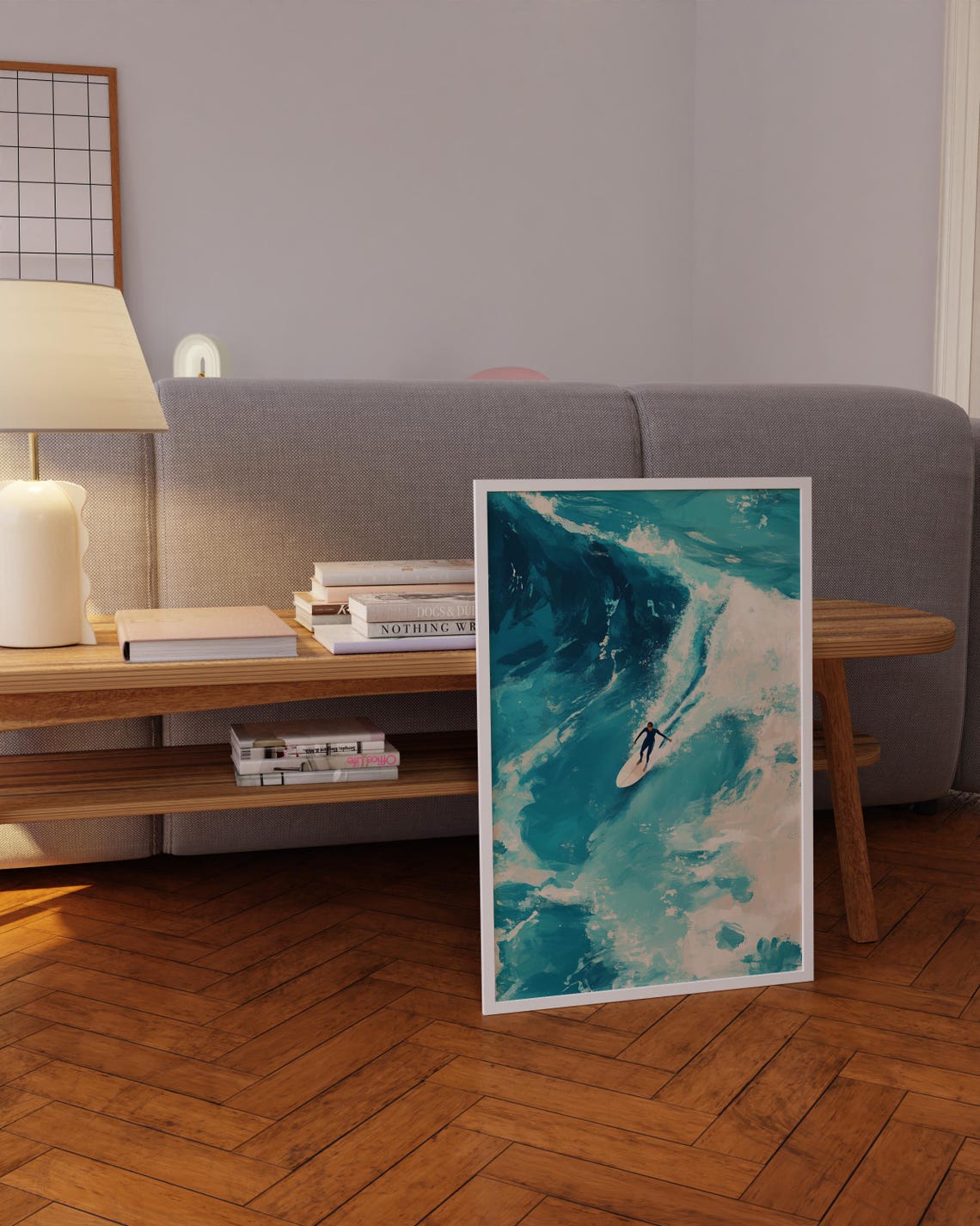 Lone Surfer Turquoise Wave Aerial Painting Poster Ocean Surf Decor - Image 5