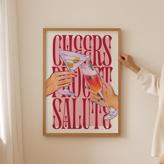 Cheers Prost Salute Retro Cocktail Toast Red Pink Kitchen Poster