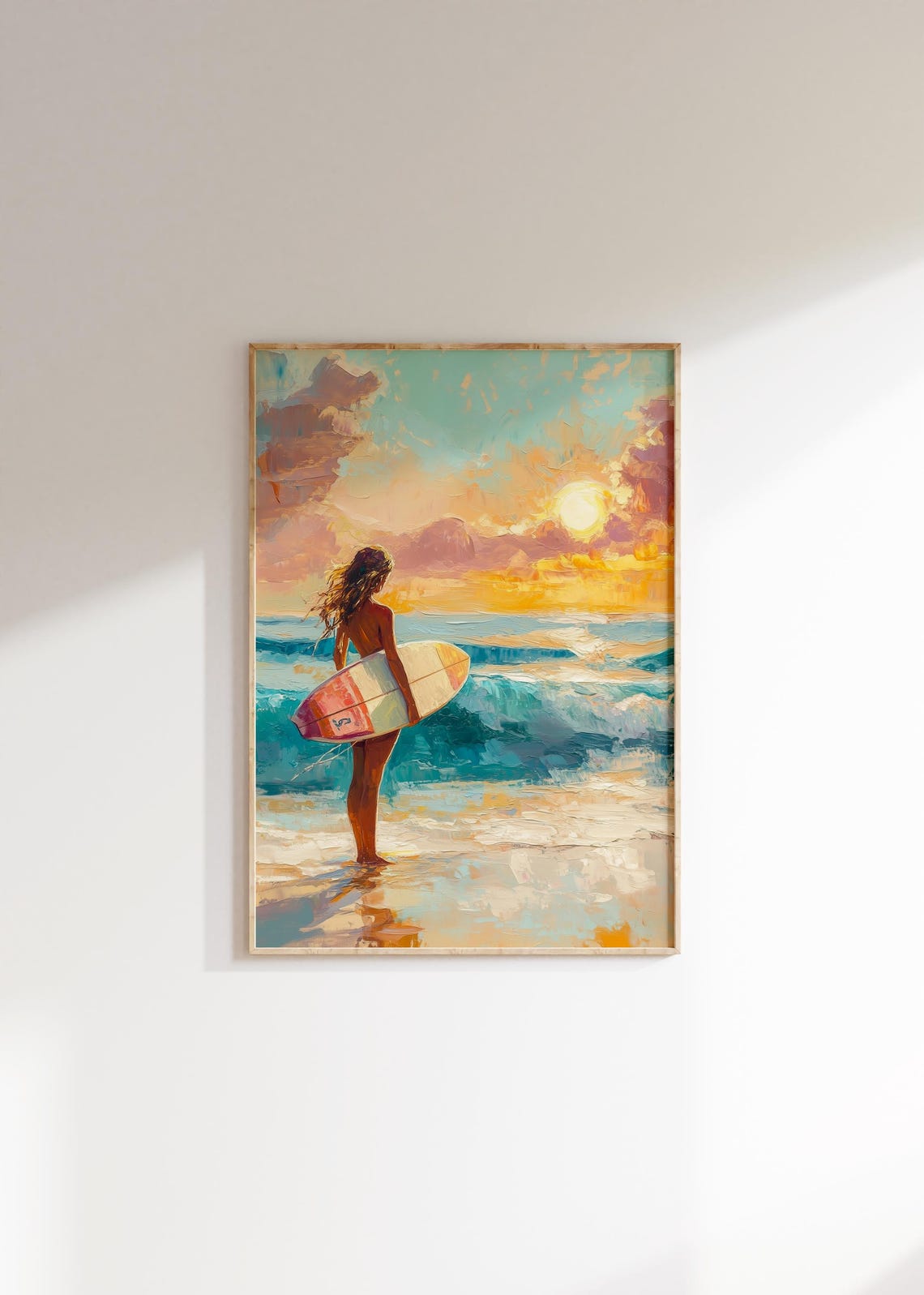 Surfer Girl Sunset Beach Surfboard Golden Painterly Art Poster - Image 4