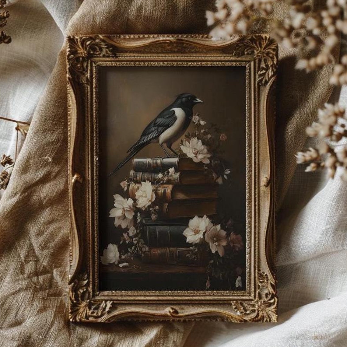 Magpie Perched On Stack Of Old Books Vintage Bird Art Poster