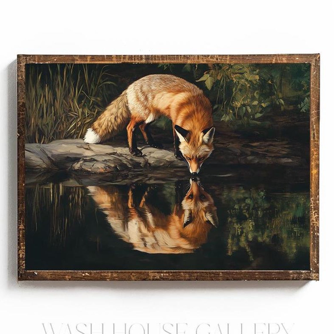 Red Fox Drinking At Forest Stream Its Reflection Realistic Poster