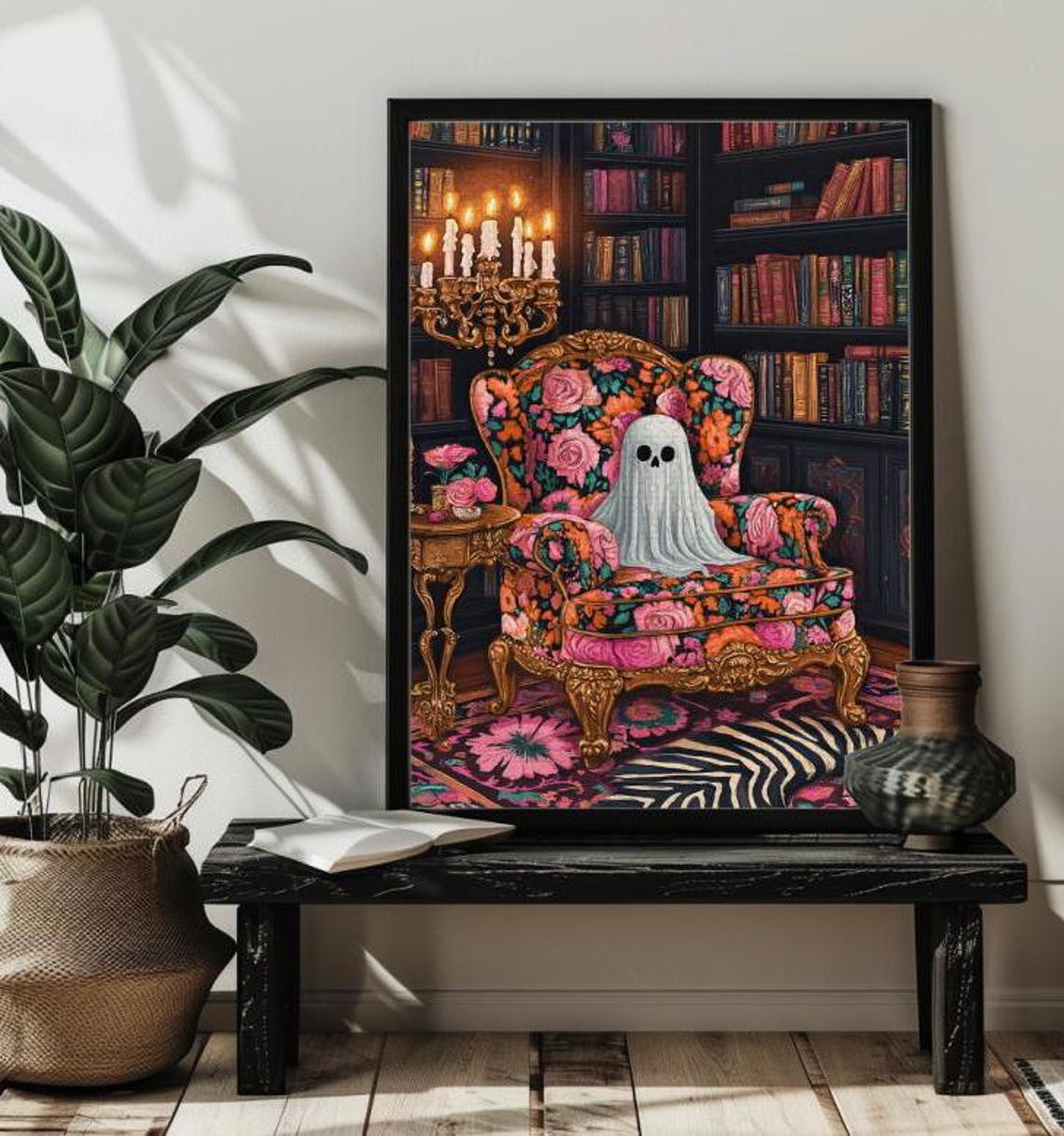 Cute Friendly Ghost Reading a Book in a Vintage Library Poster - Image 3