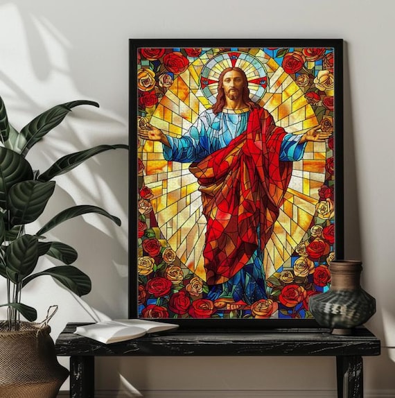 Jesus with Open Arms Stained Glass Golden Light Roses Poster