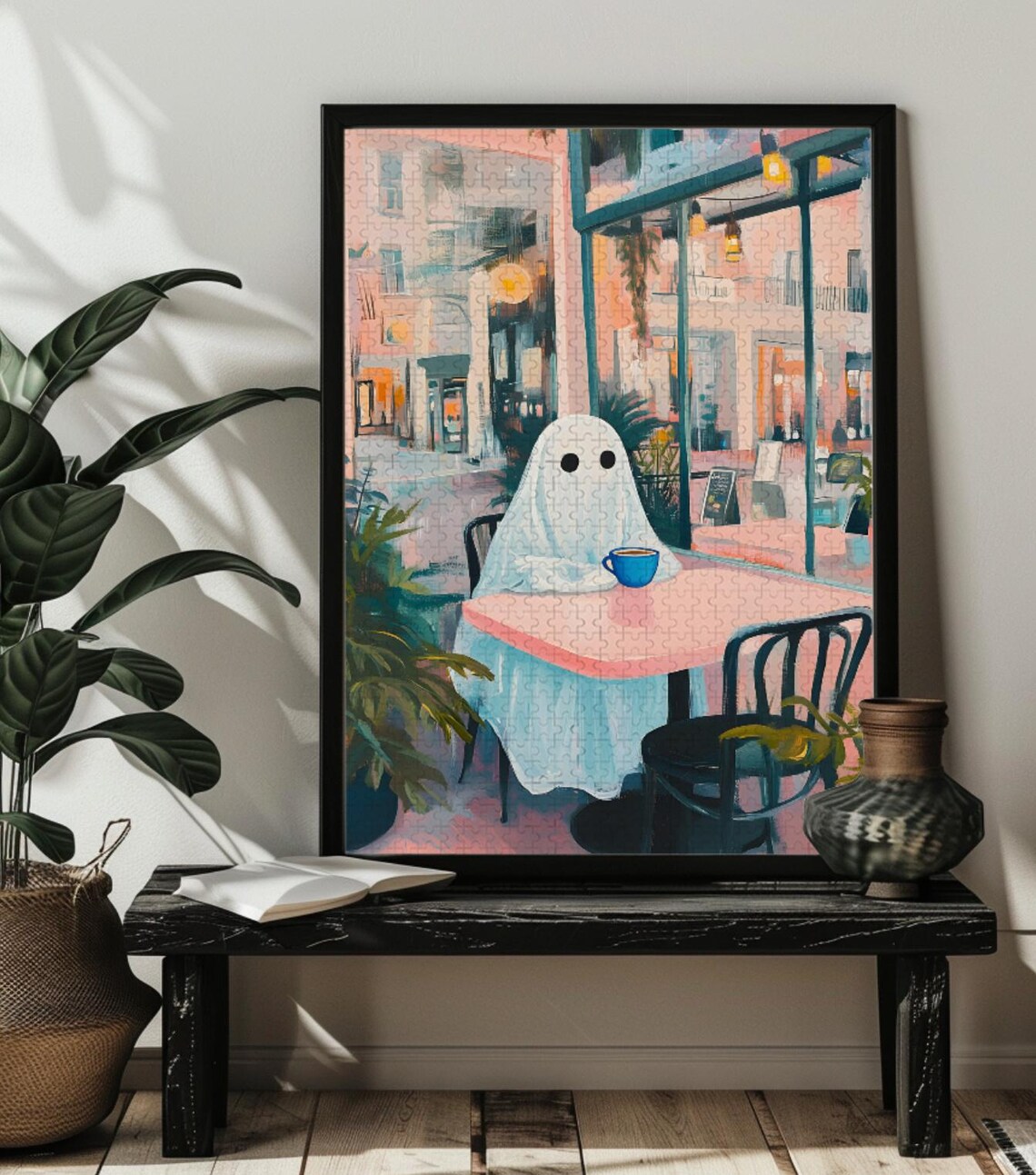 Little Spooky Ghost Drinking Coffee Art Print - Image 2