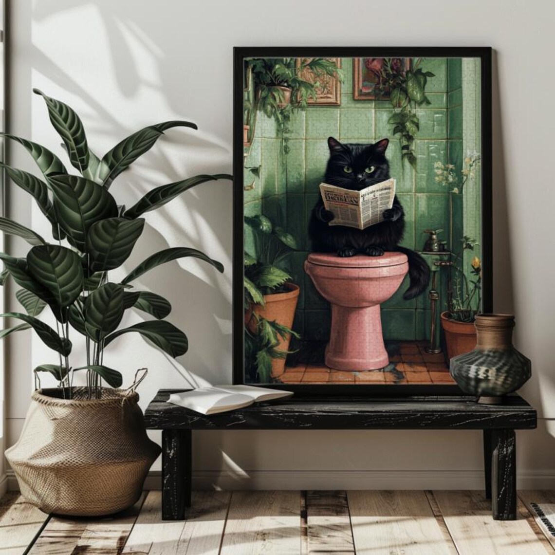 Bathroom Cat Reading Newspaper Funny Cat Art Print - Image 3