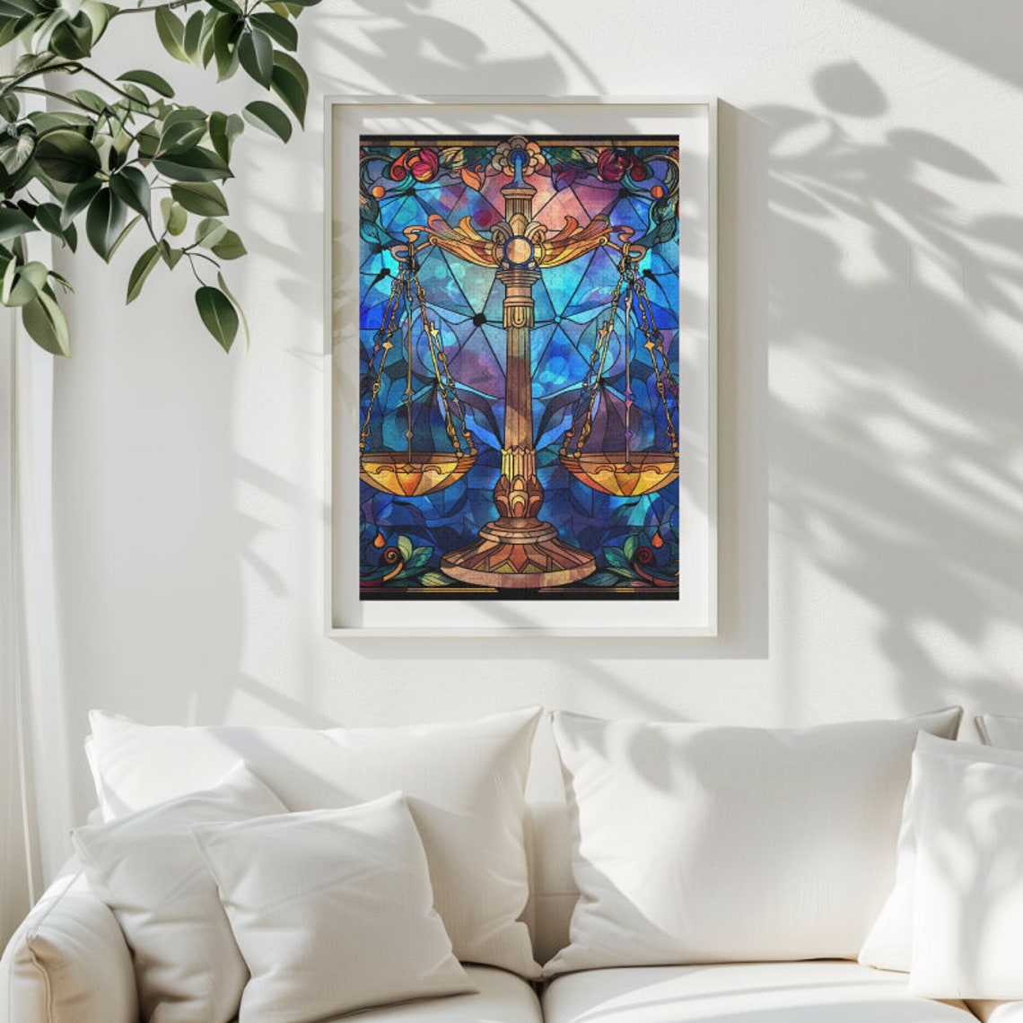 Golden Libra Scales Stained Glass Zodiac Starry Night Art Poster - Image 2