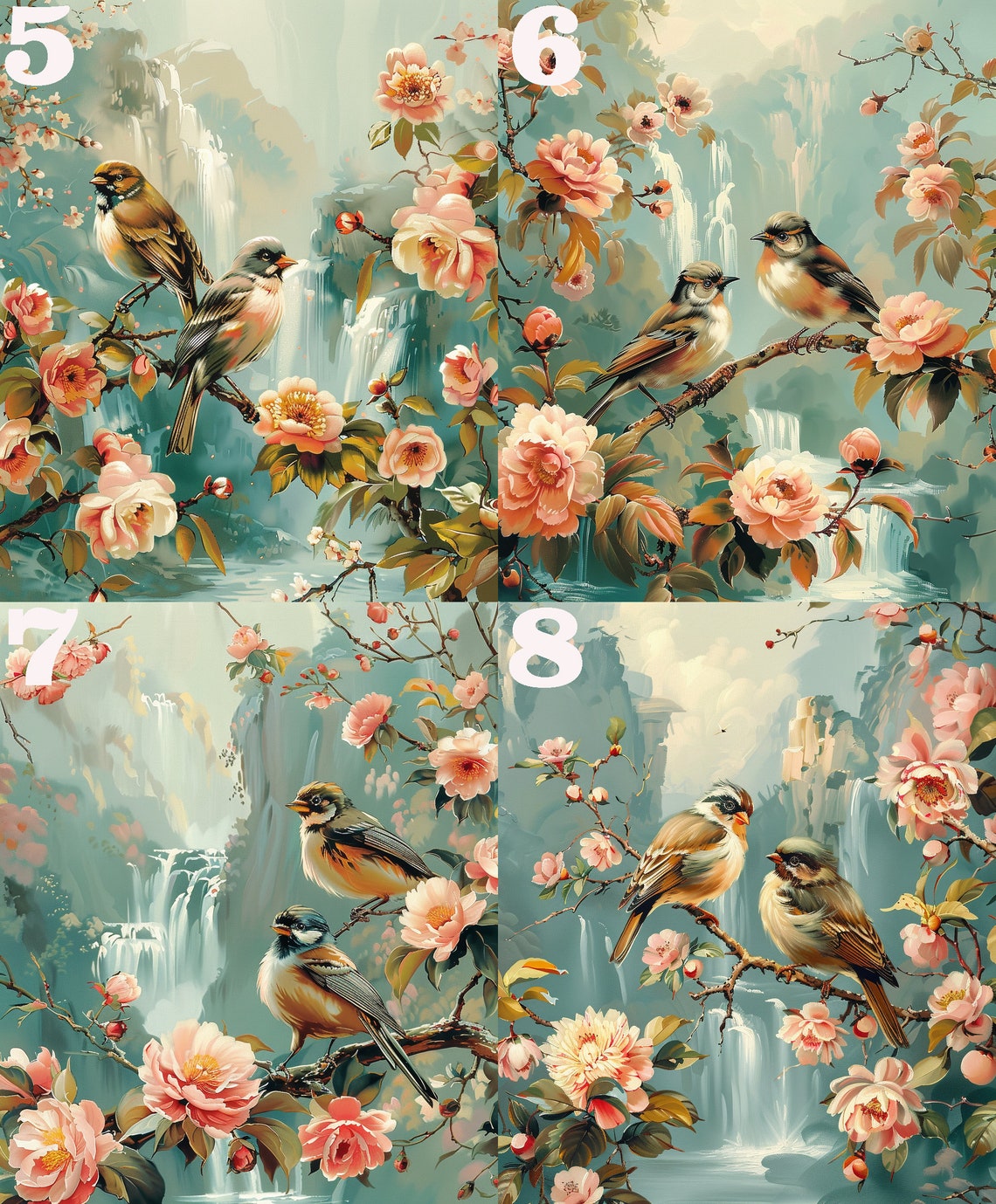 Pair Of Songbirds On Blossom Branch Waterfall Spring Art Poster - Image 4