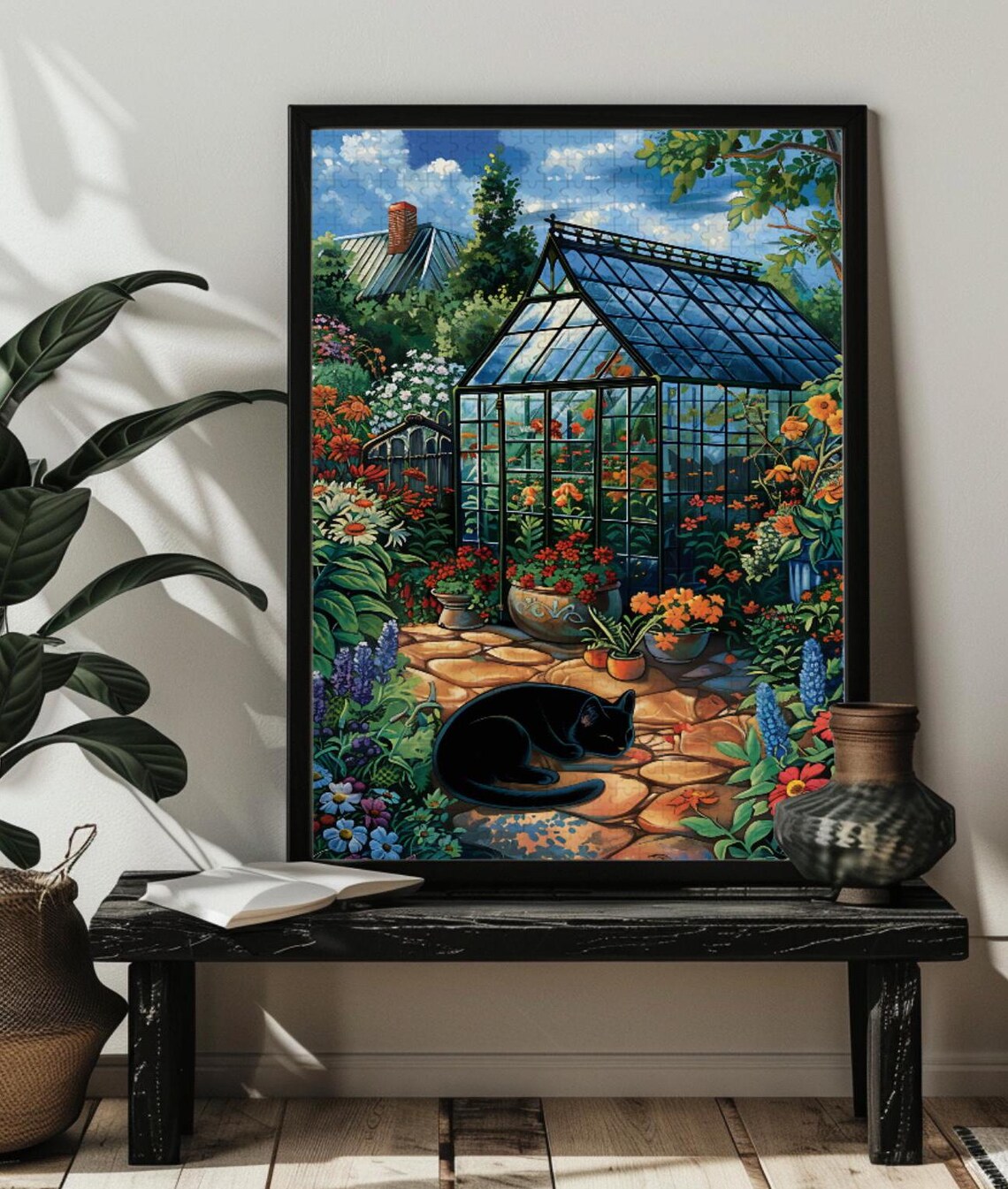 Black Cat Resting among Flowers in a Sunlit Glass Greenhouse Poster - Image 2