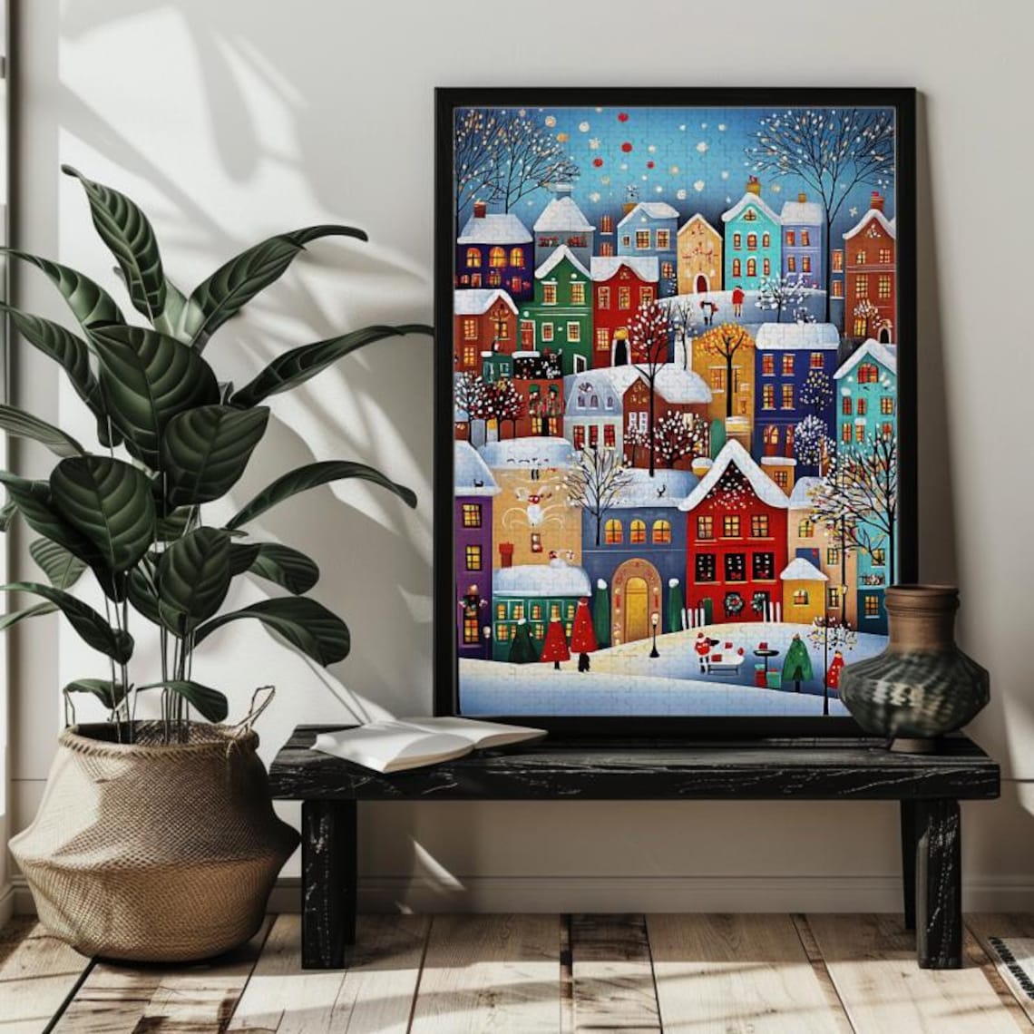 Christmas Snowy Village Art Print, Scandinavian Style