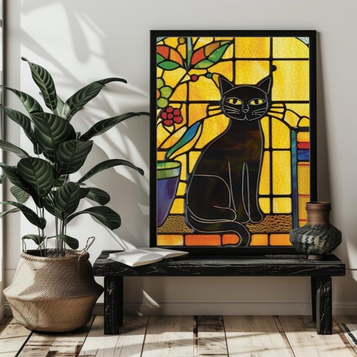 Black Cat Stained Glass Art Print, Book Lover Gift - Image 2