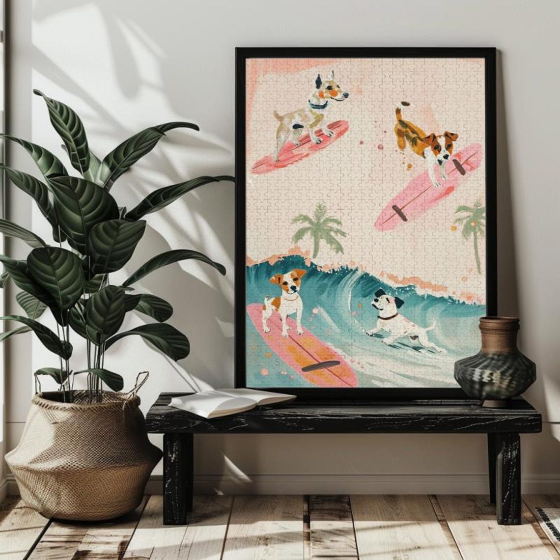 Cute Happy Dogs Surfing Pink Surfboards on a Beach Wave Poster - Image 3