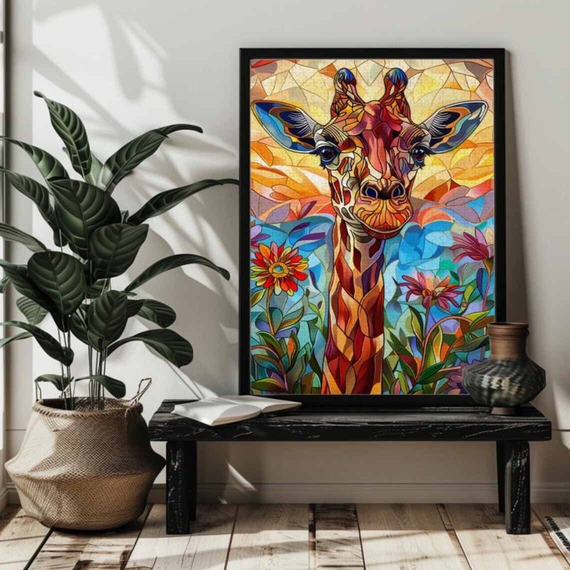Stained Glass Giraffe Art Print, Animal Puzzle