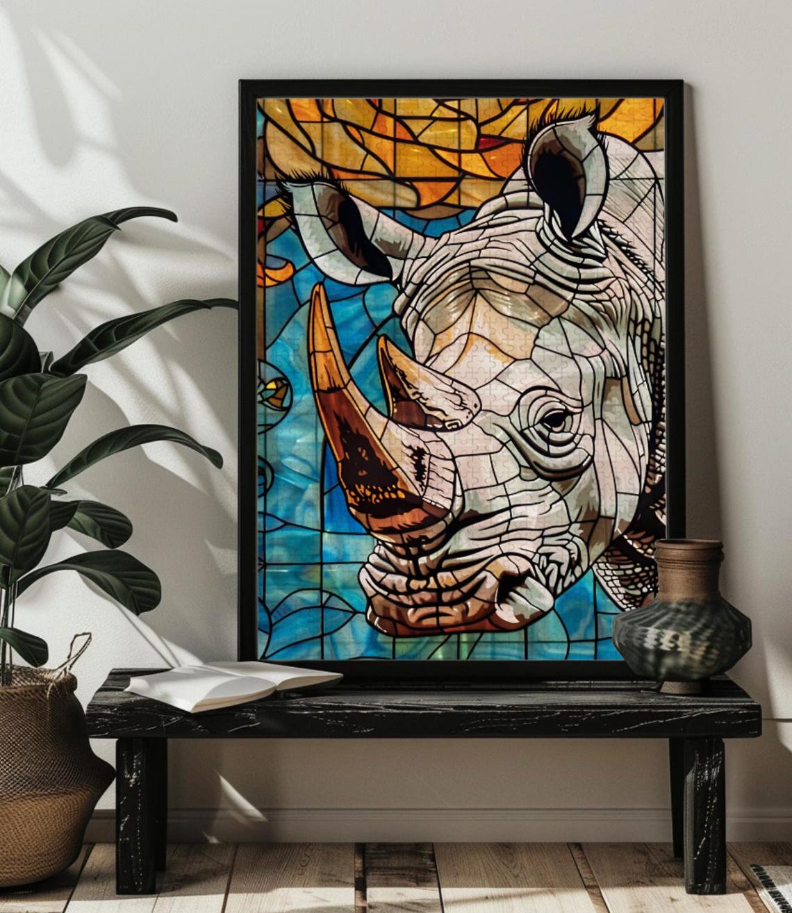 Mighty Stained Glass Rhinoceros Head Wildlife Portrait Poster