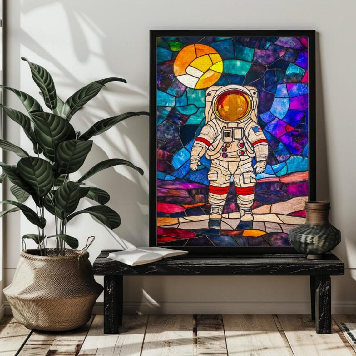 Astronaut Walking on the Moon Fiery Sun Stained Glass Poster - Image 2
