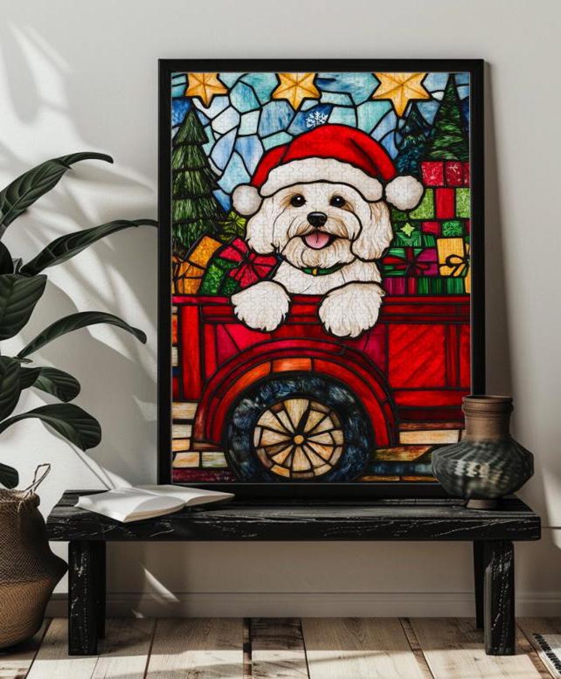 Havanese Dog in Santa Hat Red Pickup Truck Christmas Gift Poster