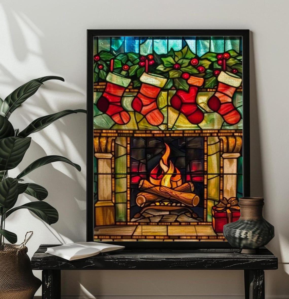 Cozy Christmas Fireplace with Red Stockings in Stained Glass Poster