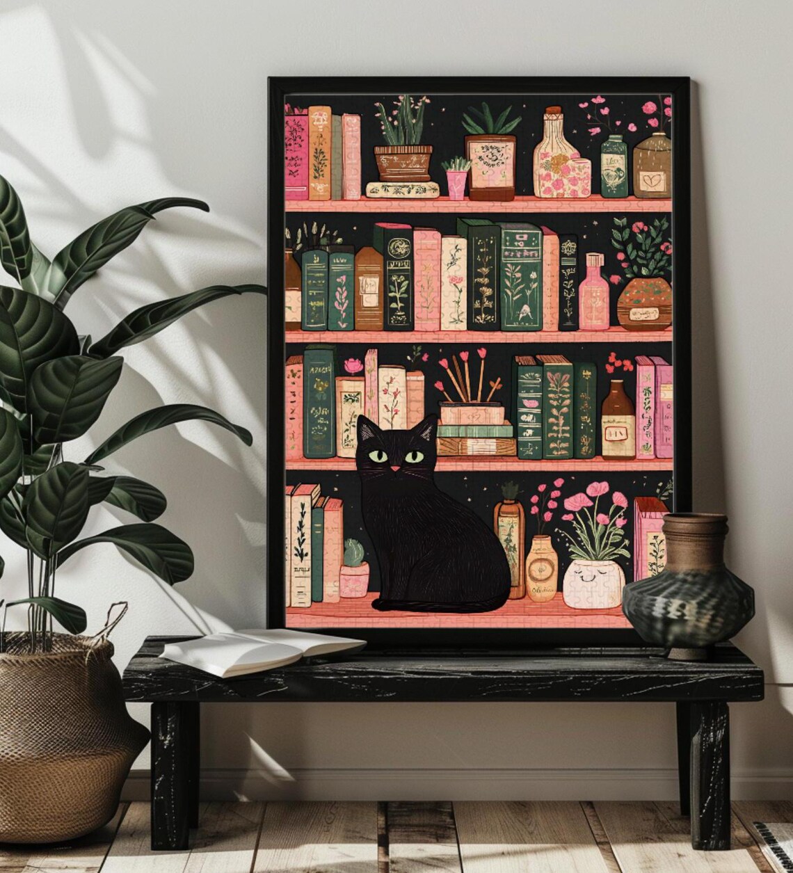 Cozy Cat Bookcase Art Print, Cat Lover Gift